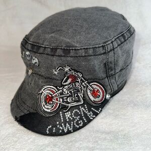 Urban Legends Iron Cowboy Motorcycle Cadet Hat Y2K Acid Wash Rhinestone Biker